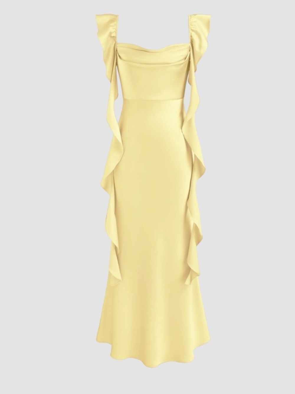 NWT CIDER SATIN COWL NECK SOLID RUFFLE HEM MAXI DRESS